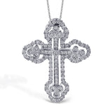 Set with a shimmering center diamond, this Gothic style cross pendant features 1.43 ctw of sparkling white diamonds through its stunning design.