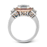 Featuring an eye-catching design, this stunning white and rose gold ring is highlighted by a 1.01 ctw center mosaic of white diamonds, accented by .28 ctw round white diamonds, .49 ctw emerald cut white diamonds, and .11 ctw round pink diamonds.