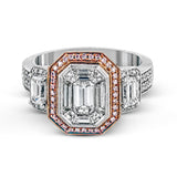 Featuring an eye-catching design, this stunning white and rose gold ring is highlighted by a 1.01 ctw center mosaic of white diamonds, accented by .28 ctw round white diamonds, .49 ctw emerald cut white diamonds, and .11 ctw round pink diamonds.
