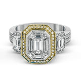 Featuring an eye-catching design, this stunning white and rose gold ring is highlighted by a 1.01 ctw center mosaic of white diamonds, accented by .28 ctw round white diamonds, .49 ctw emerald cut white diamonds, and .11 ctw round pink diamonds.