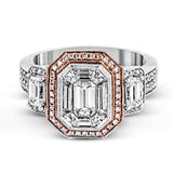 Featuring an eye-catching design, this stunning white and rose gold ring is highlighted by a 1.01 ctw center mosaic of white diamonds, accented by .28 ctw round white diamonds, .49 ctw emerald cut white diamonds, and .11 ctw round pink diamonds.