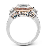 Featuring an eye-catching design, this stunning white and rose gold ring is highlighted by a 1.01 ctw center mosaic of white diamonds, accented by .28 ctw round white diamonds, .49 ctw emerald cut white diamonds, and .11 ctw round pink diamonds.