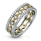 This wonderful 18k gold band features .87 ctw of white diamonds set into an intricate, three layer design.  It can be worn on its own as a fashion statement or function as a wedding band.