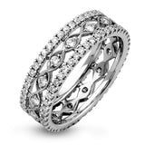 This wonderful 18k gold band features .87 ctw of white diamonds set into an intricate, three layer design.  It can be worn on its own as a fashion statement or function as a wedding band.