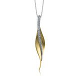 A sleek, svelte style highlights this modern leaf-like pendant, set with a column of .13 ctw of dazzling white diamonds.
