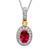 This dramatic classically styled two-tone pendant is features a .54 ctw oval cut ruby accentuated by .14 ctw round cut white diamonds and a .02 ctw round yellow diamond accent.