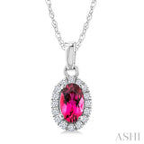 5x3 MM Oval Shape Pink Tourmaline and 1/20 Ctw Round Cut Diamond Halo Semi-Precious Pendant with Chain in 14K White Gold