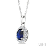 5x3 MM Oval Shape Sapphire and 1/20 Ctw Round Cut Diamond Halo Precious Pendant with Chain in 14K White Gold