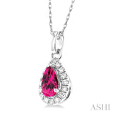 5x3 MM Pear Shape Pink Tourmaline and 1/20 Ctw Round Cut Diamond Halo Semi-Precious Pendant with Chain in 10K White Gold