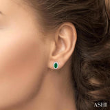 5x3 MM Oval Shape Emerald and 1/8 Ctw Round Cut Diamond Halo Precious Stud Earrings in 10K White Gold