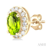 5x3 MM Oval Shape Peridot and 1/8 Ctw Single Cut Diamond Halo Semi-Precious Stud Earrings in 10K Yellow Gold