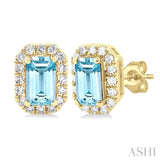 5x3 MM Octagonal Shape Aquamarine and 1/8 Ctw Single Cut Diamond Halo Semi-Precious Stud Earrings in 14K Yellow Gold