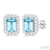 6x4 MM Octagonal Shape Aquamarine and 1/4 Ctw Round Cut Diamond Halo Semi-Precious Stud Earrings in 10K White Gold