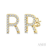 1/10 Ctw Initial 'R' Round Cut Diamond Earrings in 10K Yellow Gold