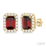 6x4 MM Octagonal Shape Garnet and 1/4 Ctw Round Cut Diamond Halo Semi-Precious Stud Earrings in 14K Yellow Gold