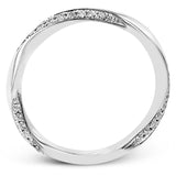 Unique twist design wedding band has 0.30 ctw white diamonds set in a brushed white gold finish.