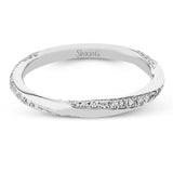 Unique twist design wedding band has 0.30 ctw white diamonds set in a brushed white gold finish.