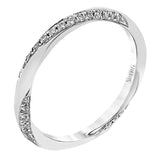 Unique twist design wedding band has 0.30 ctw white diamonds set in a brushed white gold finish.