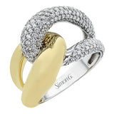 This modern right hand ring in 18K yellow and white gold, features interlocking links of high polish gold and diamond links 1.36 ctw.