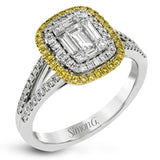 The modern style of this white gold ring is complemented by .44 ctw of glistening baguette cut white diamonds and .36 ctw of round cut white diamonds.