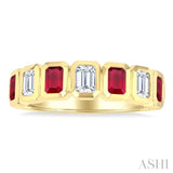 4X3 MM Octagon Shape Ruby and 5/8 Ctw Emerald Cut Diamond 7 Stone Bezel Set Precious Fashion Band in 14K Yellow Gold