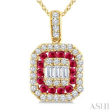 1/4 Ctw Octagonal Shape 1.45MM Ruby, Baguette and Round Cut Diamond Precious Fusion Pendant With Chain in 14K Yellow Gold
