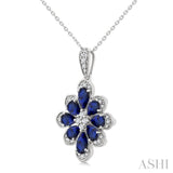 1/6 Ctw Floral Motif 5X3MM & 4X3MM Pear Cut Sapphire and Round Cut Diamond Precious Pendant With Chain in 10K White Gold
