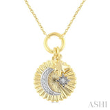 1/20 Ctw Fluted Medallion Crescent Moon & Star Charm Round Cut Diamond Fashion Pendant With Chain in 10K Yellow and White Gold