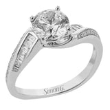 This 18K white gold engagement ring has an art deco quality with its swirl band design accented with rows of tapered baguettes 0.20 ctw., and RD diamonds 0.09 ctw.