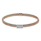 18k Rose gold textured bangle is highlighted by .25 ctw of diamonds set in a rectangular design. Perfect for stacking
