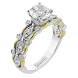 This 18K modern vintage engagement ring features a two-tone band with beaded wg bezel set diam 0.28 ctw, and high polish yg sections