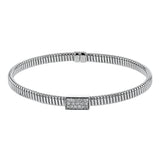 18k White gold textured bangle is highlighted by .25 ctw of diamonds set in a rectangular design. Perfect for stacking