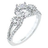 This 3 stone engagement ring has a split shank design and 2 side diamonds 1/4 ct each, totaling 0.48 ctw. and outlined with diamond accents of .35 ctw.