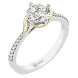 For a modern twist on a classic style, this simple design from our straight collection has  prong set diamonds of .13 ctw on the shank, and a delicate gold wire around the center stone.