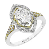 A unique art deco style engagement ring in two-tone 18K gold accented by 0.21 ctw. of round diamonds