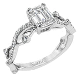 This distinctive, dynamic ring with an intertwined design is specially crafted for an emerald shaped center stone.