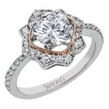 This detailed 18k white and rose gold ring design features .43 ctw of white diamonds.