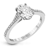 Simple yet stunning, this graceful engagement ring is made for an oval cut center stone and is set with .16 ctw of white diamonds.