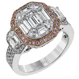 Make a statement!  This iconic Simon G. design features 18K white and rose gold and a total of over 3 cttw white diamonds and .28cttw natural pink diamonds.