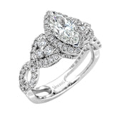 Reflecting an intricate modern design, this remarkable white gold ring is emphasized by a lovely halo complemented with .59 ctw round cut white diamonds.