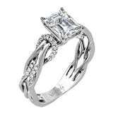 This impressive contemporary white engagement ring features a unique twisting design on the shank, which is complemented by .17 ctw of round cut white diamonds.