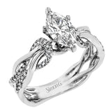 This impressive contemporary white engagement ring features a unique twisting design on the shank, which is complemented by .17 ctw of round cut white diamonds.