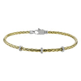 This easy-to-wear bracelet features three white gold stations set with .10ctw of diamonds set in a woven braid of 18k yellow gold.