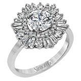 Crafted from 18k gold, this halo ring features a stunning .36 ctw of round diamonds and .49 ctw of baguette shaped diamonds.