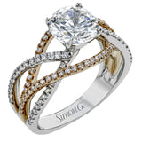 Delicate, overlapping tendrils of white and rose gold sparkle with .52 ctw of round white diamonds for a contemporary, nature-inspired design.
