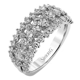 This unique white gold ring features a total of 1.74 ctw of white diamonds in an intricately designed setting.