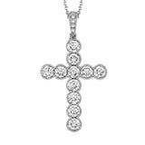 This classic white gold cross pendant is elevated with the presence of 1.53 ctw glimmering round cut white diamonds accents.