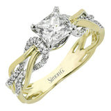 This impressive contemporary two-tone engagement ring features a unique twisting design on the shank, which is complemented by .17 ctw of round cut white diamonds.