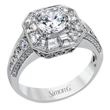 This stunning bridal ring design has a unique geometric halo set with your choice of stunning diamonds or 1.03 ctw of beautiful blue sapphires. The rest of the ring contains .52 ctw of white diamonds.