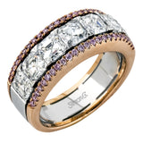 Featuring an eye-catching design, this white and rose gold band is highlighted by .28 ctw of round cut white diamonds and 2.83 ctw of Asscher cut diamonds.
